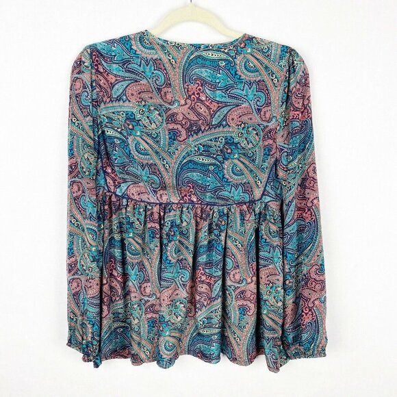 Raga Mystic Garden Paisley Peplum Swing Blouse Tassel Tie Neck Womens Size Small - Picture 8 of 8